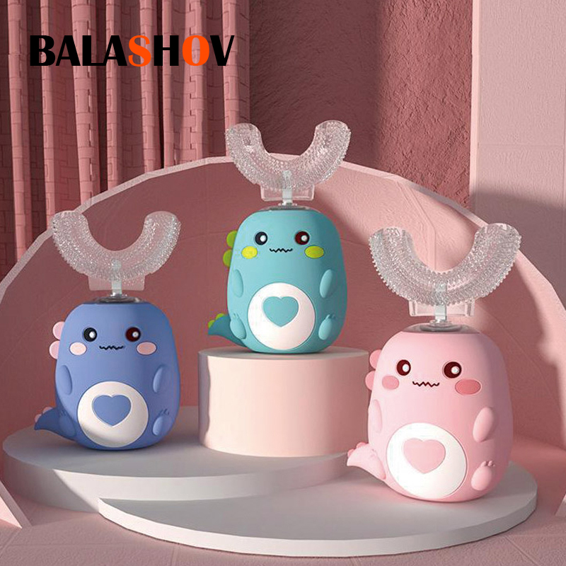 Cepillo de dientes eléctrico en forma de U para niños, cepillo de dientes sónico recargable automático de 360 grados con dibujos animados inteligentes para niños