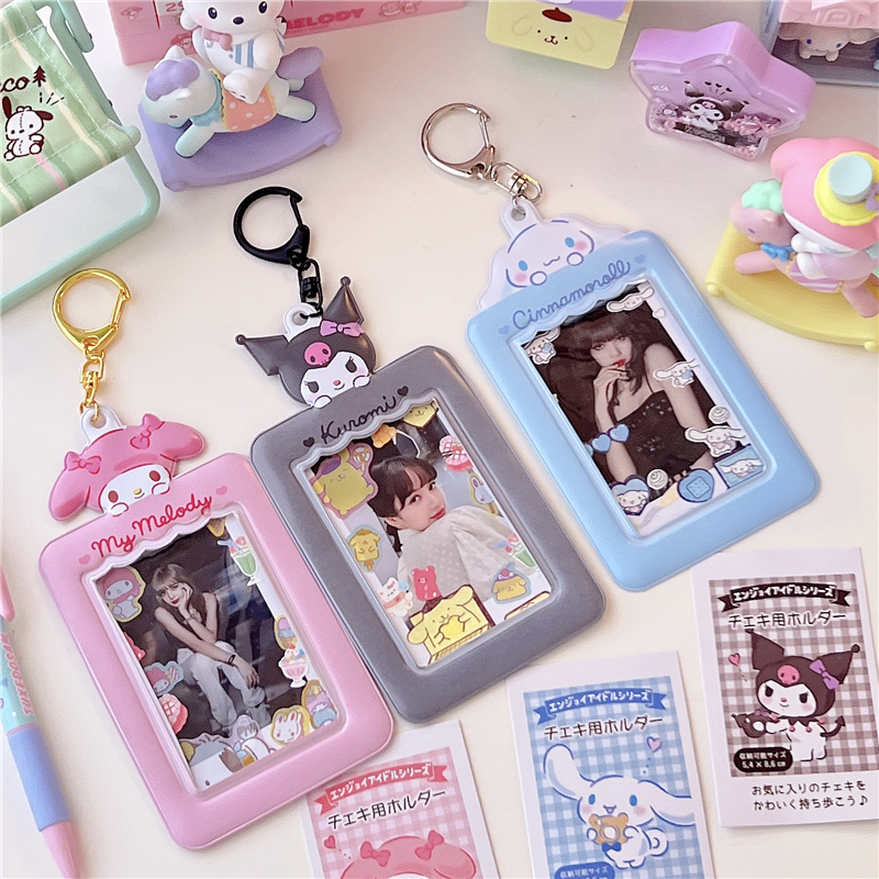 Kawaii Sanrio Hello Kitty พวงกุญแจน่ารัก Cinnamoroll Kuromi Melody Kpop Photo Card พวงกุญแจกระเป๋าจี้สาวของขวัญ