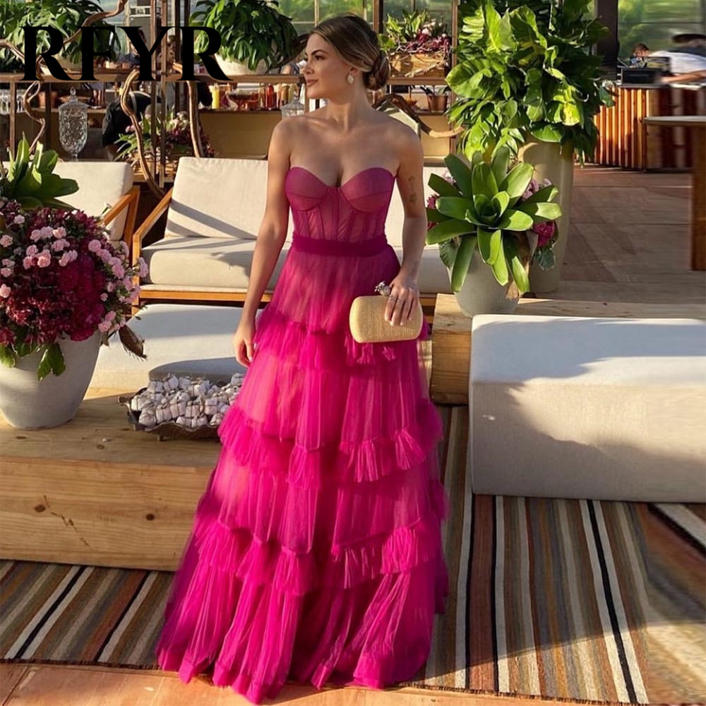 RFYR Fuschia Tiered Ruffles Tulle 댄스 파티 드레스 Sweetheart 민소매 Pleat Ruched 사우디 아라비아 이브닝 파티 가운 맞춤형