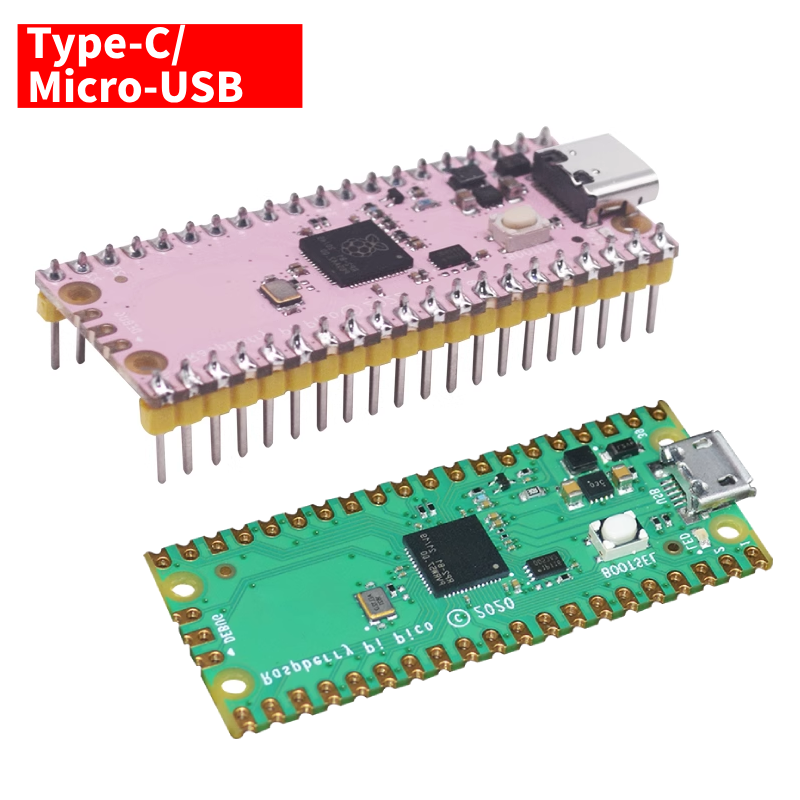 Płytka rozwojowa Raspberry Pi Pico RP2040, dwurdzeniowy mikrokomputer o niskim poborze mocy 264KB, interfejs USB-C, powłoka ENIG, kolor różowy.