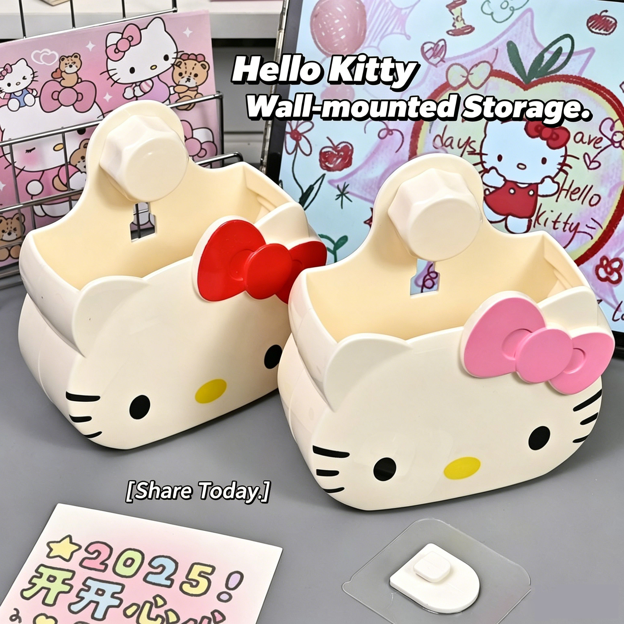 Cartoon Hello Kitty Wall-Mounted Storage Box No Drilling Required, Desktop Bathroom Toiletries Storage Basket Student Pen Holder