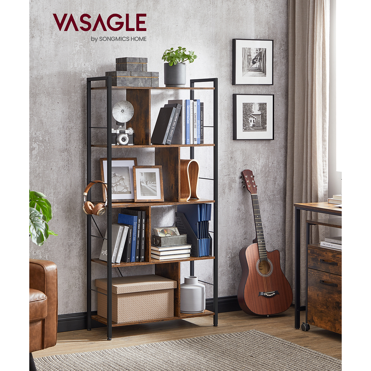VASAGLE Storage Unit, libreria, 5 livelli, scomparti aperti, ufficio soggiorno, camera da letto, stile industriale