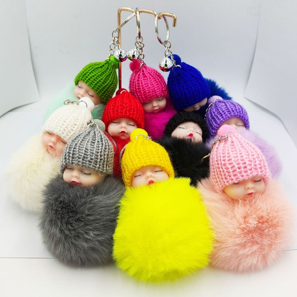 LLavero de bebé durmiente, colgante de bolso, hebilla de llave con pompón, llaveros de piel de conejo de imitación, sombrero de punto de felpa, llavero de joyería esponjosa