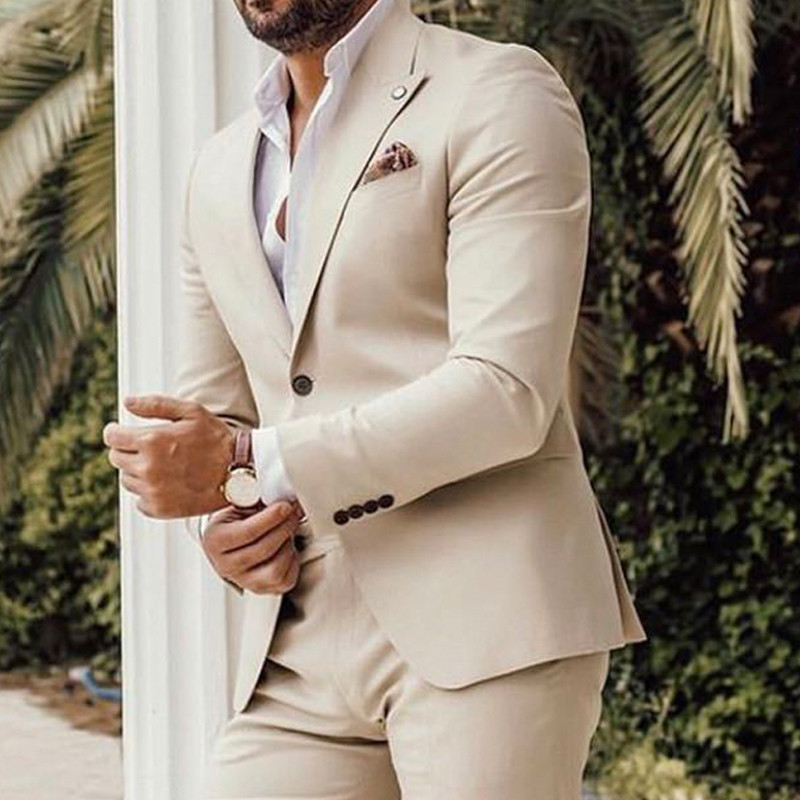Esmoquin de novio Beige para boda, traje de negocios ajustado, último diseño, Blazer de 2 piezas con pantalones, moda masculina, 2023