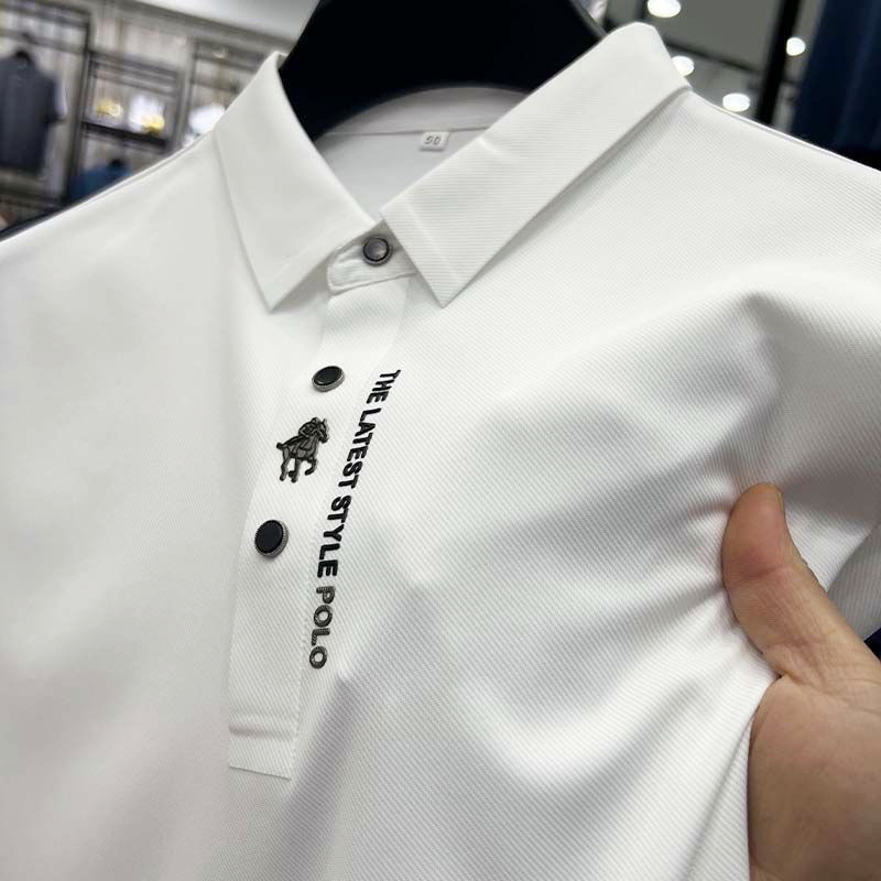 Wysokiej klasy męska koszulka polo z nadrukiem z krótkim rękawem, letnia moda biznesowa, bezszwowa, oddychająca koszulka golfowa z lodowego jedwabiu