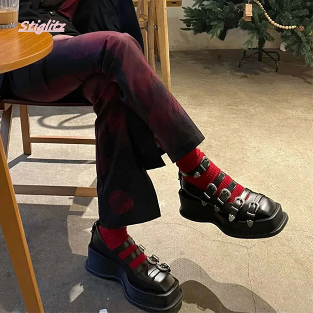 Escarpins en cuir creux noir pour femmes, Design de luxe, bout carré, plateforme, doux, mode, chaussures Mary Jane solides, 2025
