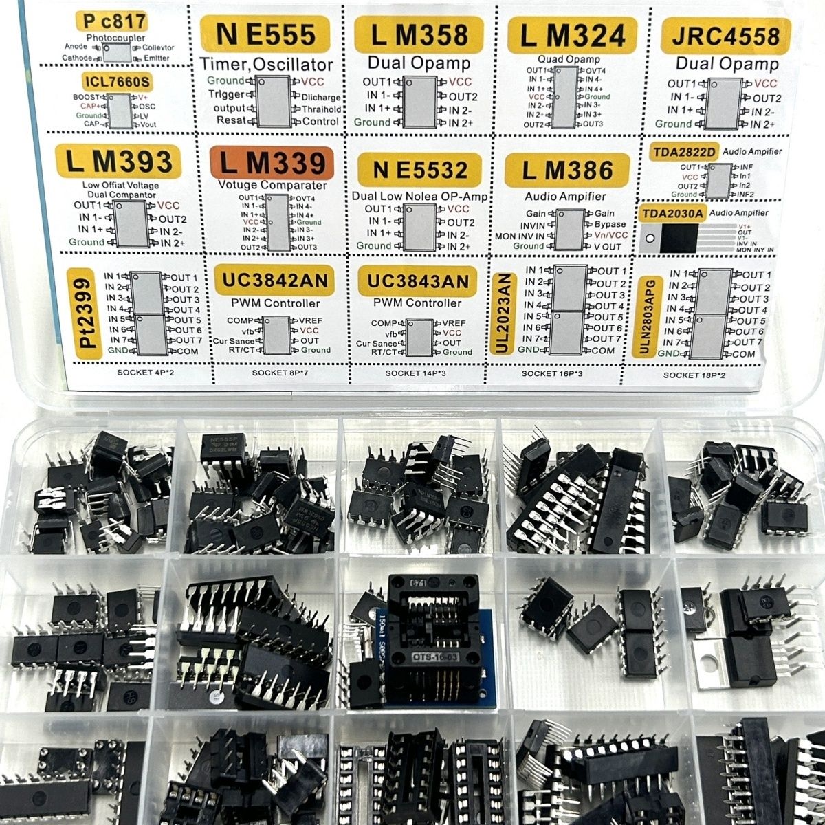 Zestaw 150 sztuk różnych układów scalonych (IC) - wzmacniacze operacyjne, oscylatory PC817, NE555, LM358, LM324, tranzystory, zestaw komponentów elektronicznych z gniazdkami.