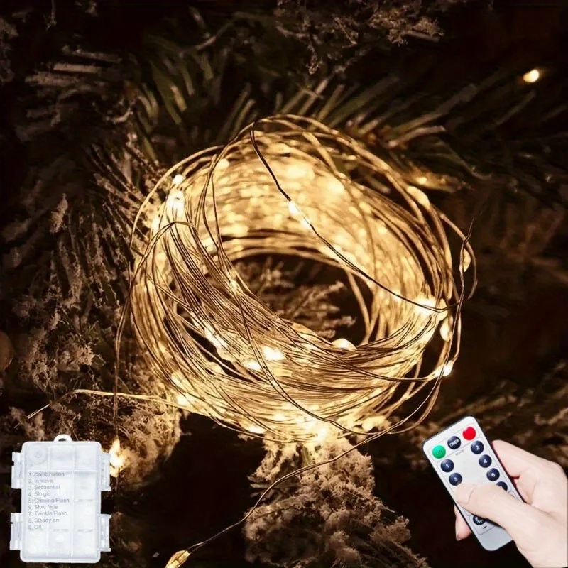 Guirlande lumineuse scintillante à piles, 50 à 300led, lumières lucioles à intensité variable en fil de cuivre avec minuterie télécommandée