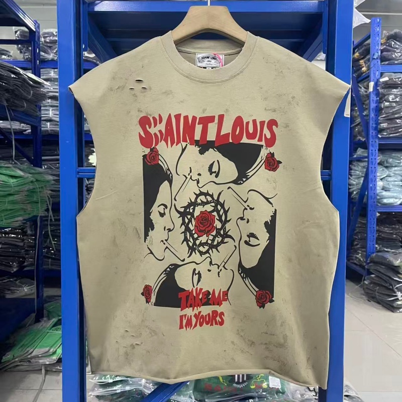T-shirt da uomo Saint senza maniche con stampa vintage effetto distressed, stile streetwear, vestibilità ampia, casual.