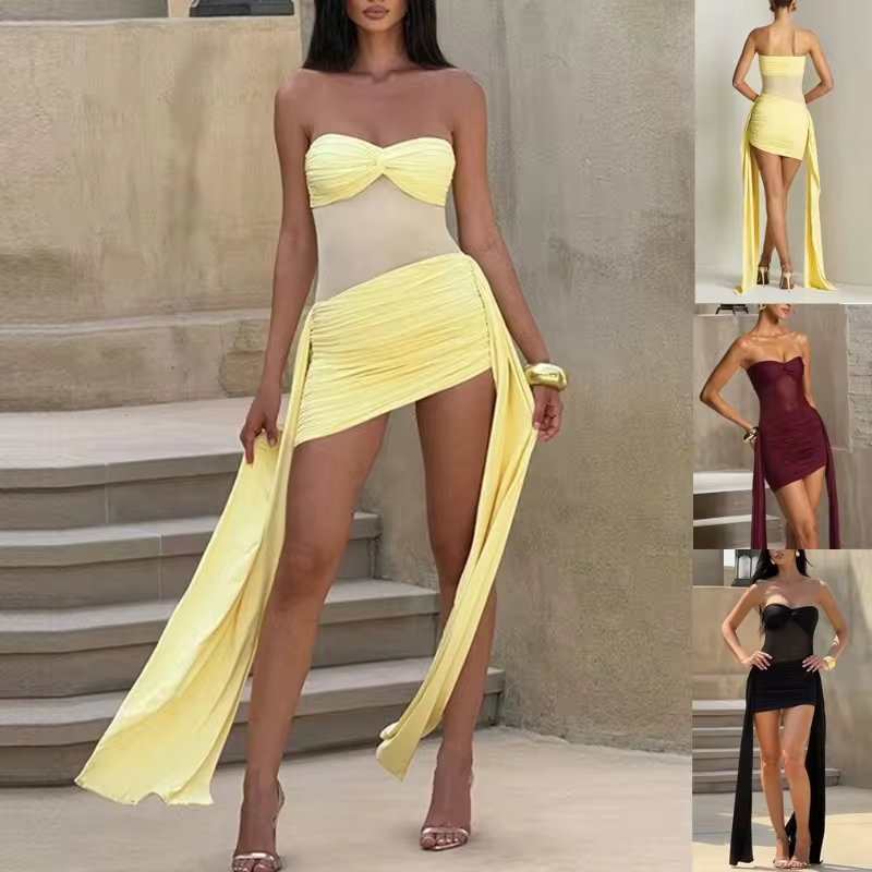 Sexy Off-Shoulder Mini-Kleid für Damen, Transparentes Trägerloses Rückenfreies Drapiertes Gerafftes Club-Party-Kleid, Elegantes Wickelkleid