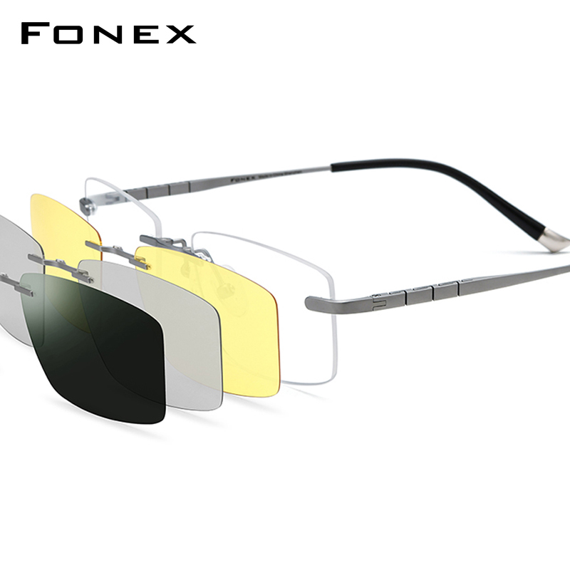 FONEX titane lunettes cadre hommes carré aimant pince sur lunettes sans monture 3D Vision nocturne lentille polarisée lunettes japonaises 85761