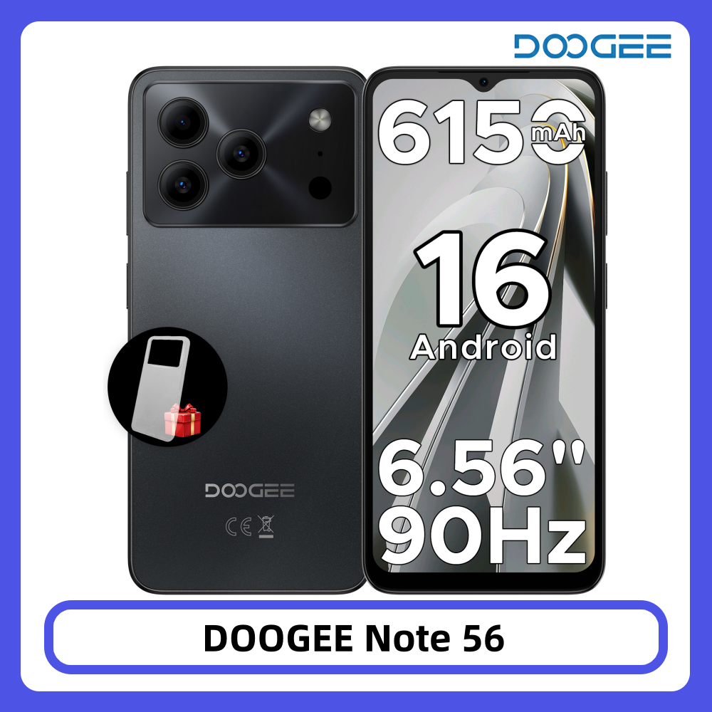 Smartfon DOOGEE Note 56 Android 16, duża bateria 6150mAh, wyświetlacz 6.56" 90Hz, 24GB 64GB, 8MP+5MP, odblokowywanie twarzą, telefon komórkowy