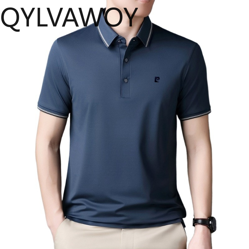 QYLVAWOY มัลเบอร์รี่ ซิลค์เสื้อโปโลผู้ชายเสื้อยืดแขนสั้นสำหรับชายฤดูร้อนเสื้อปกคามิซาส มาสคูลินา บิสสิเนส