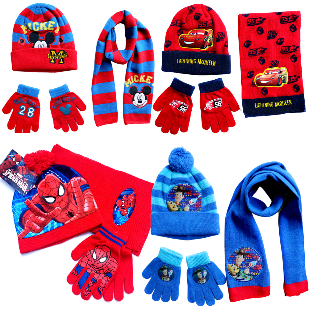 Novo outono inverno crianças chapéu mickey homem aranha cor dos desenhos animados luva de lã cachecol chapéu 3 pçs calor menino menina criança chapéu de natal