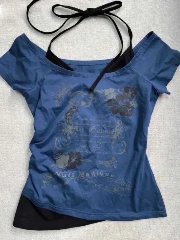 2026 Summer Vintage Fake Two Piece Halter Lace Up T-shirts Y2k Slim Fit Print Tops Women Off Shoulder Short Sleeve Tee Shirt