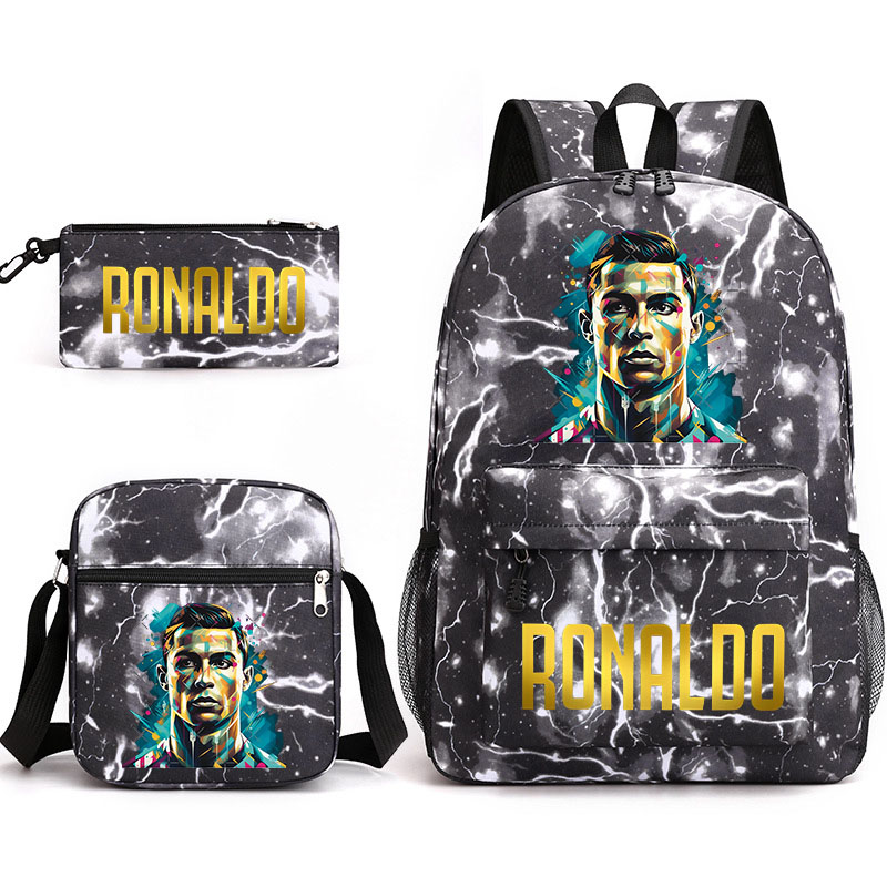 Conjunto de tres piezas de mochila escolar con estampado de Ronaldo para niños, mochila para estudiantes, bolso de viaje al aire libre, bolso de hombro, estuche para lápices