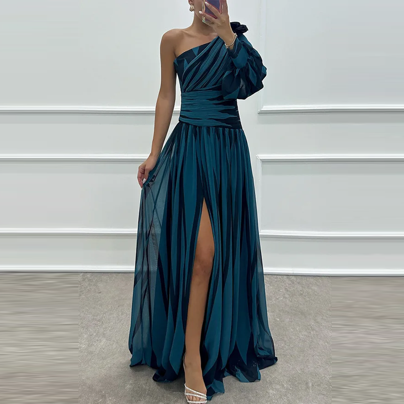 Vestido de noche de fiesta con cuello Diagonal para mujer, vestido largo bohemio a rayas, estampado de primavera, hombros descubiertos, abertura lateral, Sexy y elegante