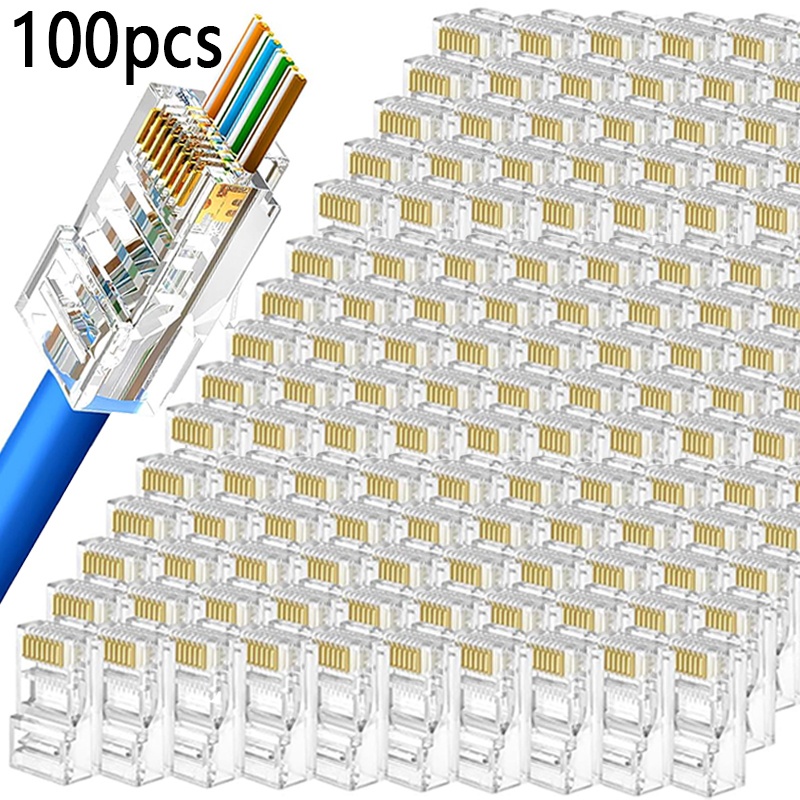 Connecteurs blindés RJ45 Cat6, 100 pièces, tête en cristal perforée, connecteur plaqué or, réseau 8P8C, sertissage UTP Ethernet, prise modulaire