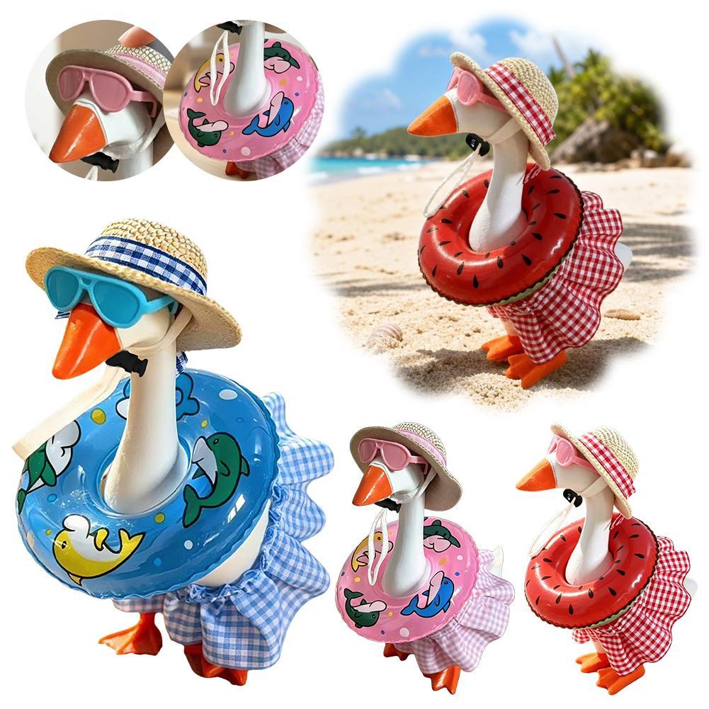 Tenues Hawaïennes pour Oies de Porche avec Chapeau de Paille, Lunettes de Soleil et Bouée de Natation, Vêtements Mini pour Oies de Bureau, Tenues Hawaïennes pour Oies de Bureau