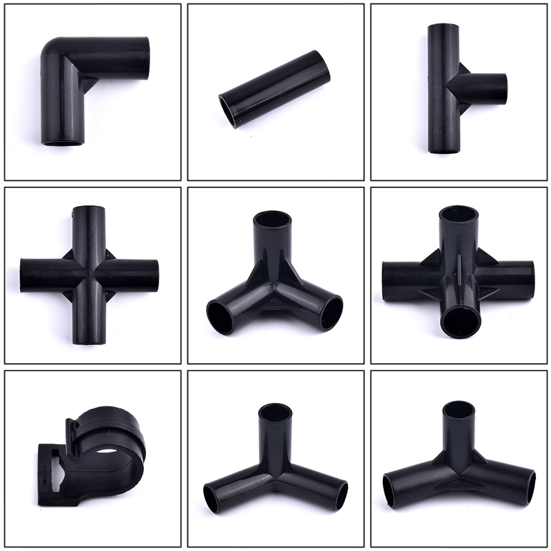 Conector de tubo negro para tienda de campaña, accesorios de conector fijo I.D 8/12/16/19mm, T de plástico ABS, junta recta de codo de cuatro vías, 5 uds.