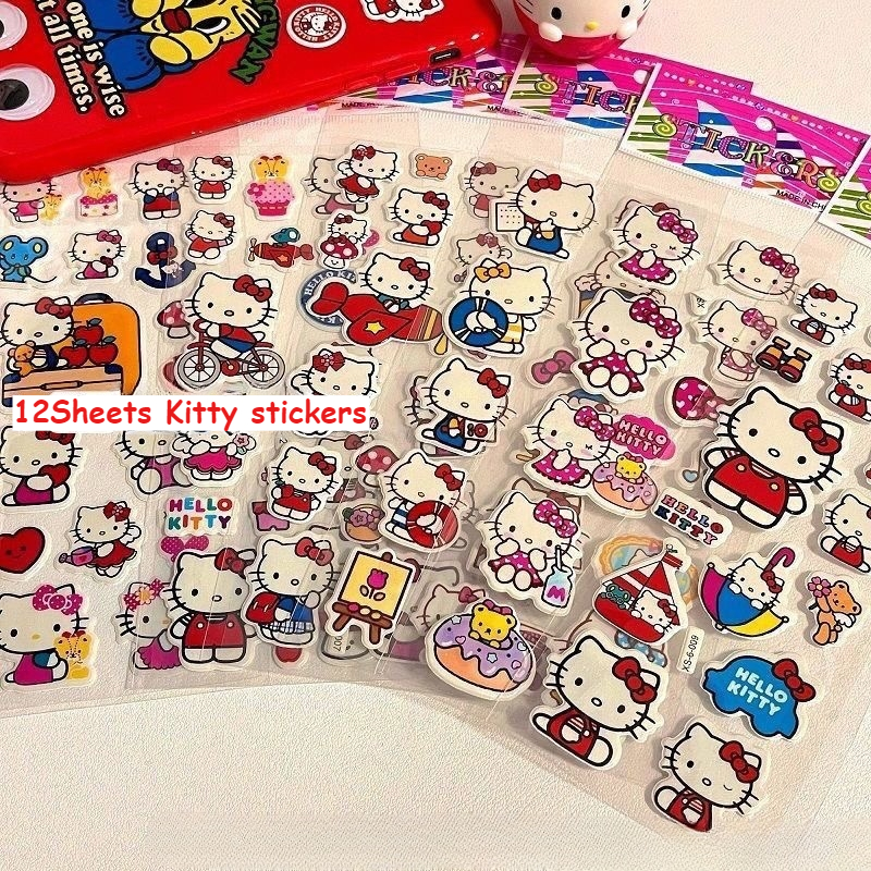 12Steets Cute Hello Kitty Bubble Stickers Kawaii Three-Dimensional 3d Sanrio Stickers Cartoon No Repetition DIY Kids Toys Decals