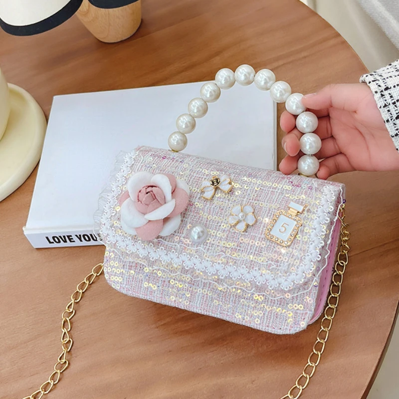 Bolso de hombro para niños de princesa de dibujos animados, bolso cuadrado de moda con flores encantadoras, bolsos de mano novedosos con perlas para chico
