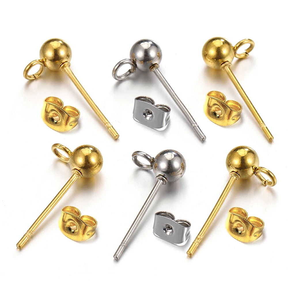 20pcs Gold Stainless Steel Round Ball Earring Post Studs with Open Rings for Earrings DIY Jewelry Making Findings Wholesale