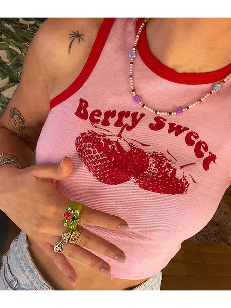 Camiseta sin mangas con estampado rosa Y2k para mujer, Top corto Vintage sin mangas con hombros descubiertos y cuello redondo, Tops informales sexys de los años 90 2024