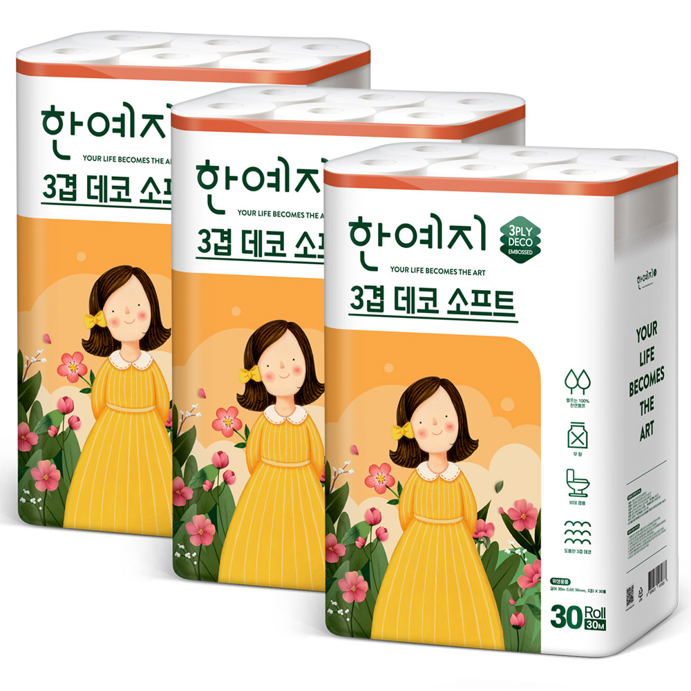 한예지 데코&소프트 천연펄프 3겹 화장지 30m 30롤 3팩