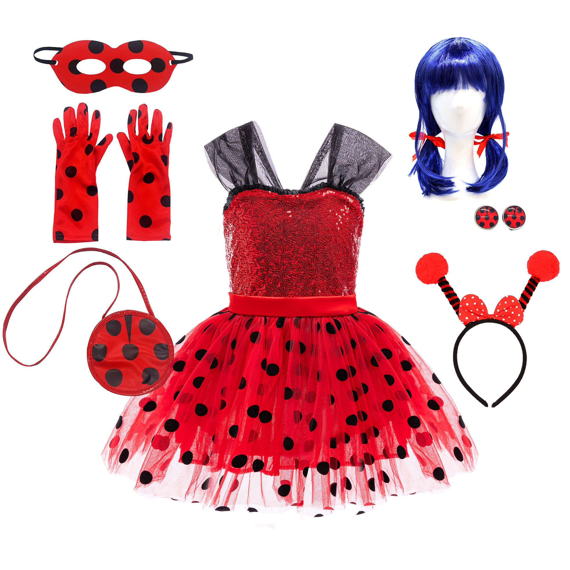 Robe de princesse rouge à sequins et pois pour filles, robe en tulle noir à bretelles, costume de cosplay coccinelle pour Halloween, tenue de fête d'anniversaire pour enfants
