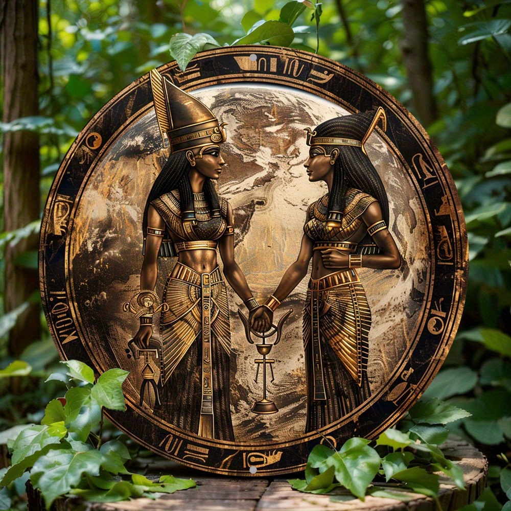 2D-Flachdruck, Kranzschild mit ägyptischer Mythologie, rundes Aluminium-Metalldekorschild, für Zuhause, Wanddekoration, Weihnachtsgeschenk