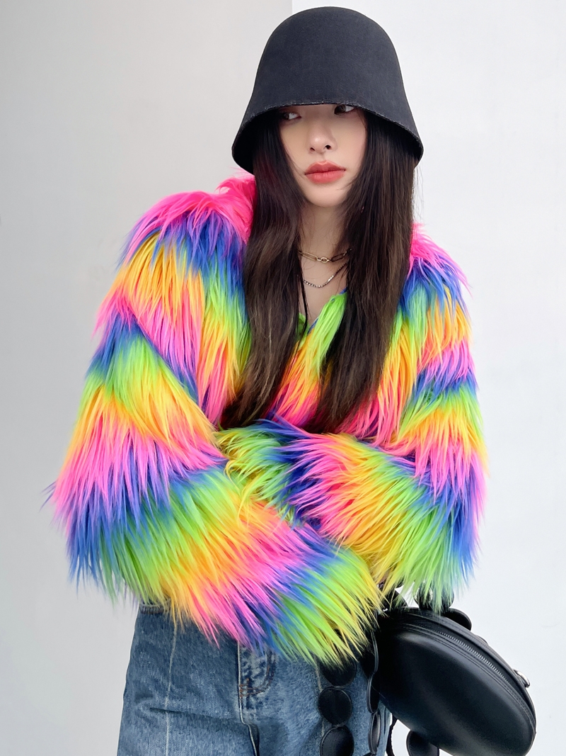 Frauen Winter Regenbogen Faux Pelzmantel Dame Streetwear O Hals Langarm Lose Fuzzy Warm Lose Outwear