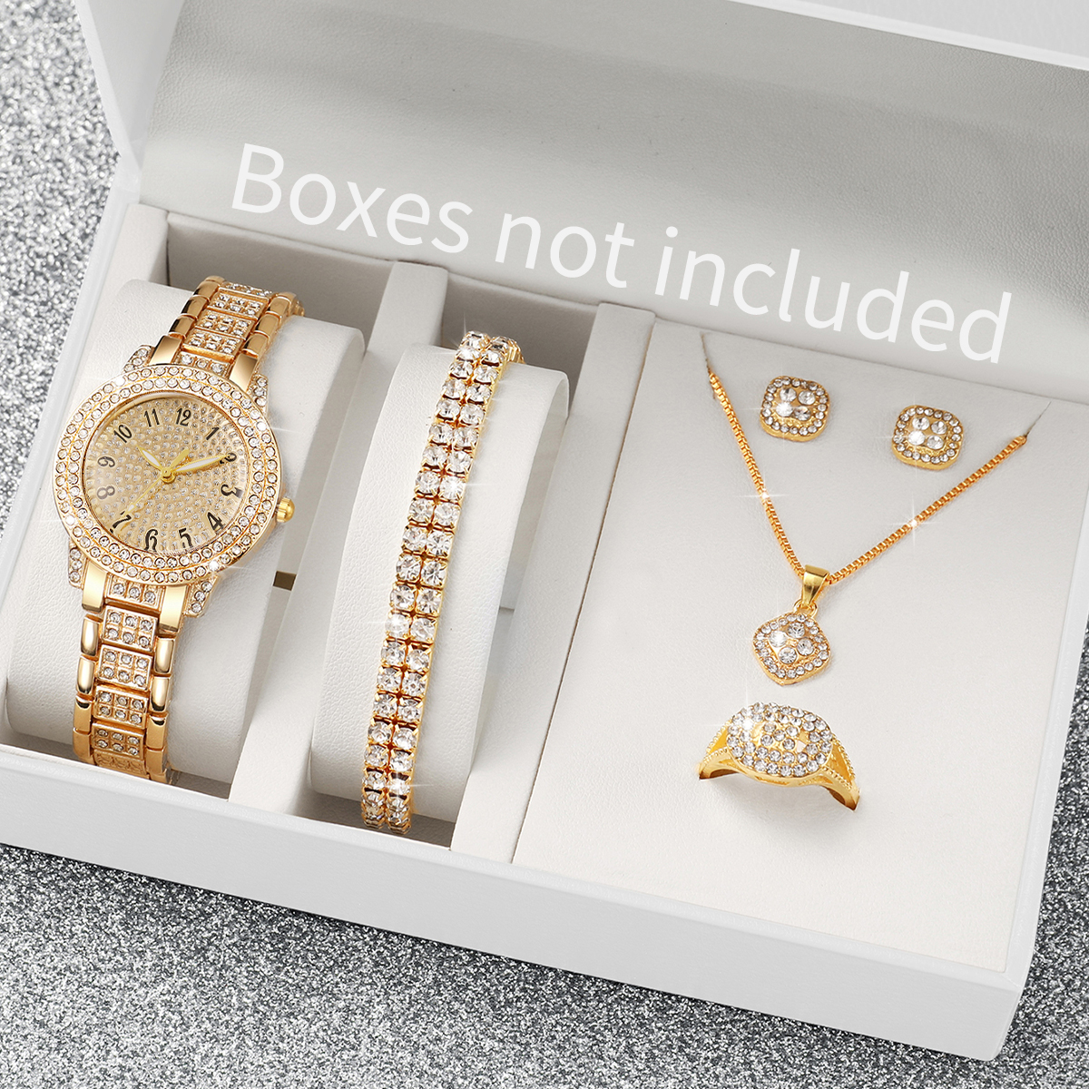 6 peças moda cheia de diamantes relógio feminino pulseira de aço dourado relógios de quartzo analógicos conjunto de joias (sem caixa)