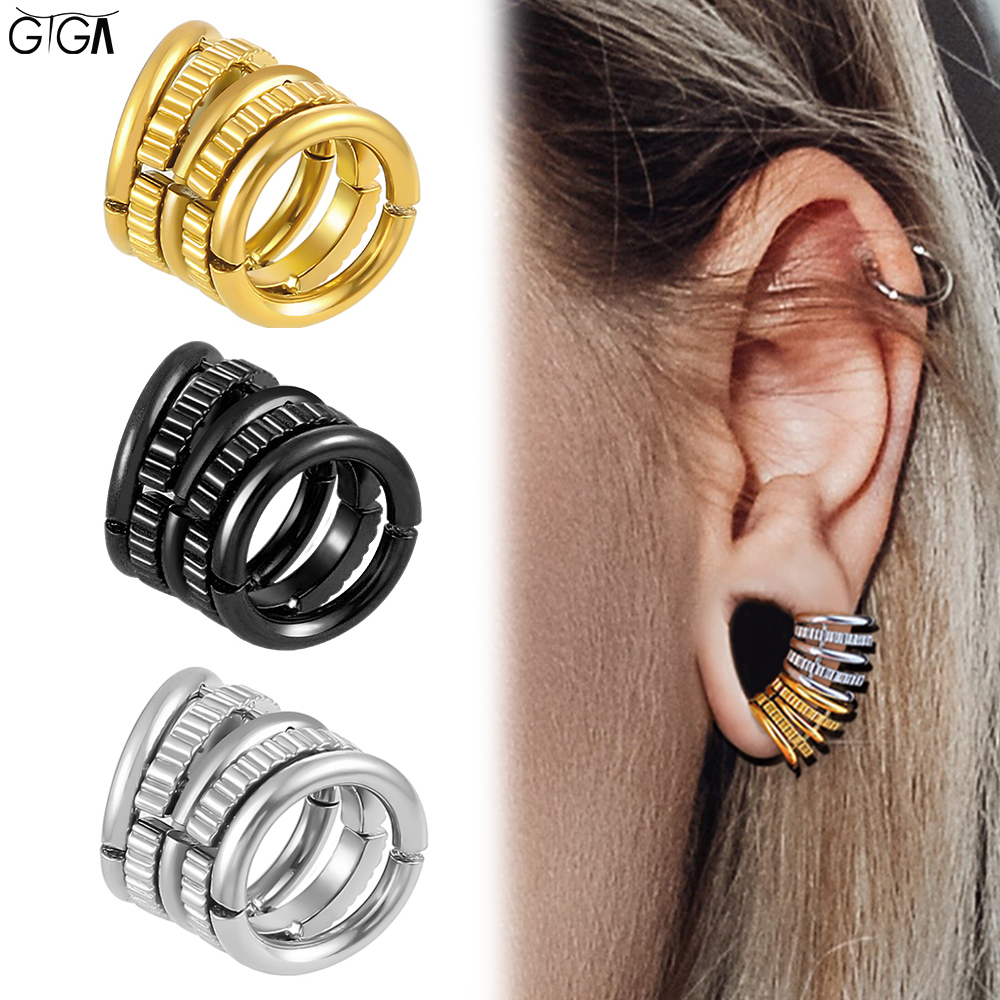 Giga 5 en 1 anillos apilados diseño oreja manguito Piercing calibre pendientes joyería del cuerpo tapones ensanchador tachuelas Clip en expansor de cartílago