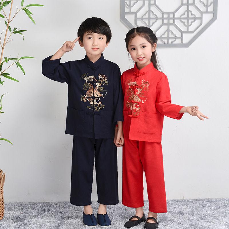 소년 코튼 라인 당나라 옷 긴 소매 Hanfu 세트 어린이 중국 스타일 셔츠 & 바지 2Pcs 복장 자수 드래곤 Kongfu 의상