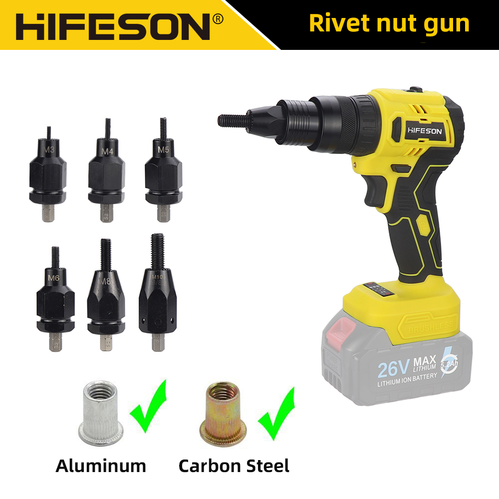 Hifeson-自動電気リベットガン,リベットツール,ナットヘッド,充電式,バッテリーなし,M3-M10