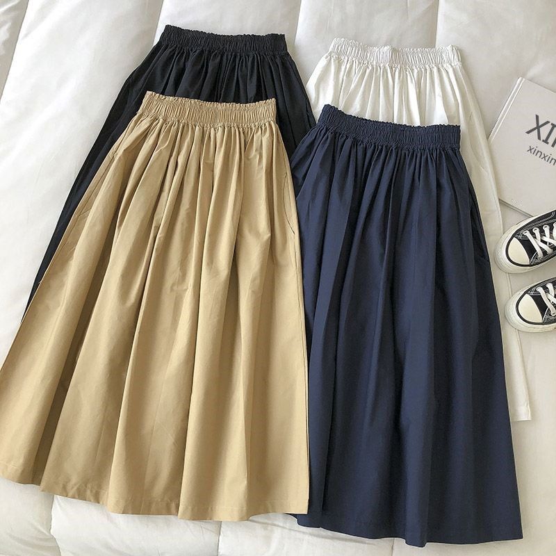 Khaki A-Line  Skirt Women's Spring 2025 High Waist Thin Pure Color Commuter Style Midi Skirt Versatile Korean Version