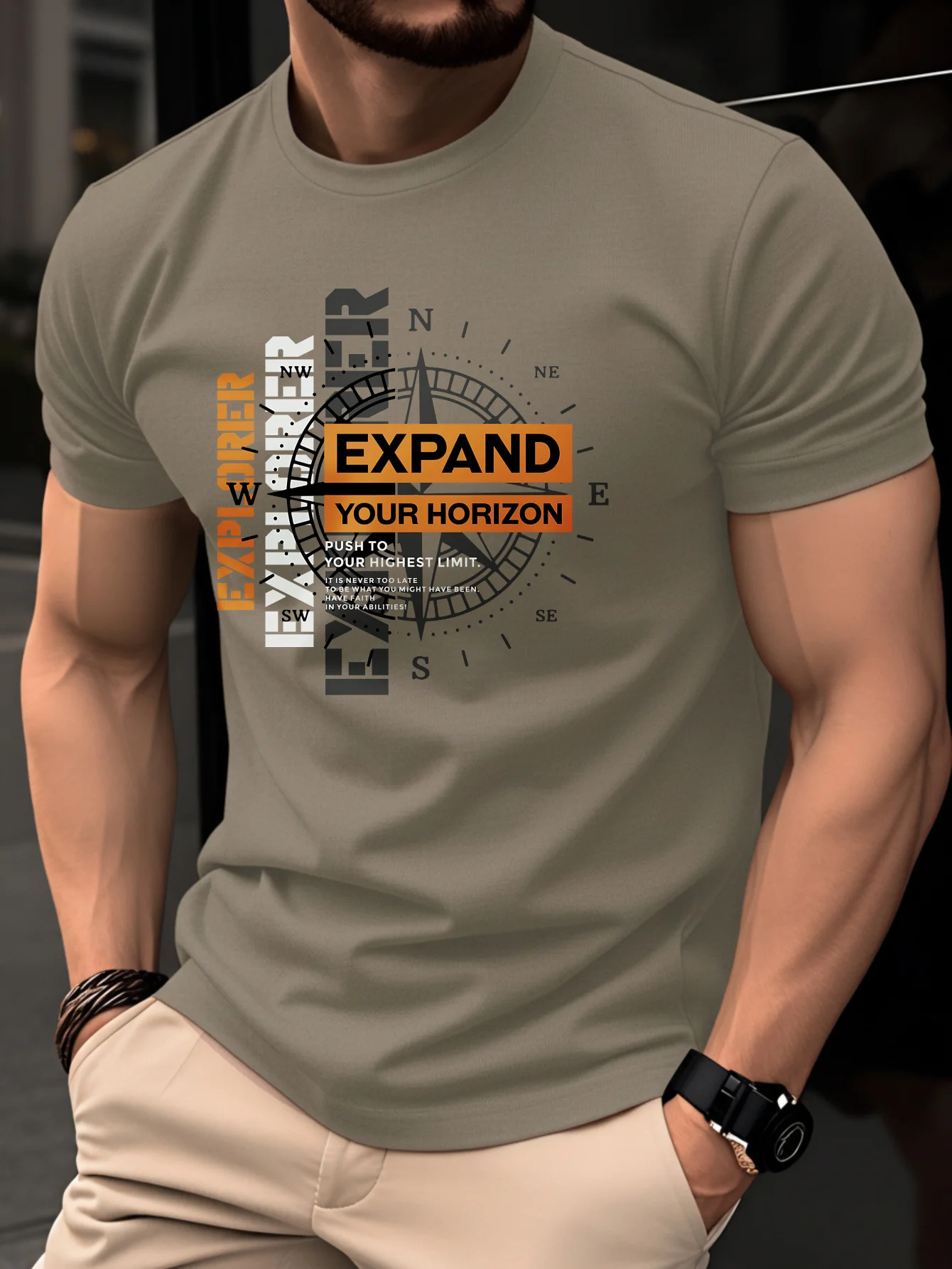 Sommer Herren 100% Reine Baumwolle Lässiges Modisches Lockeres Retro Kompass-Bergmuster Bedrucktes Rundhals Kurzarm-T-Shirt