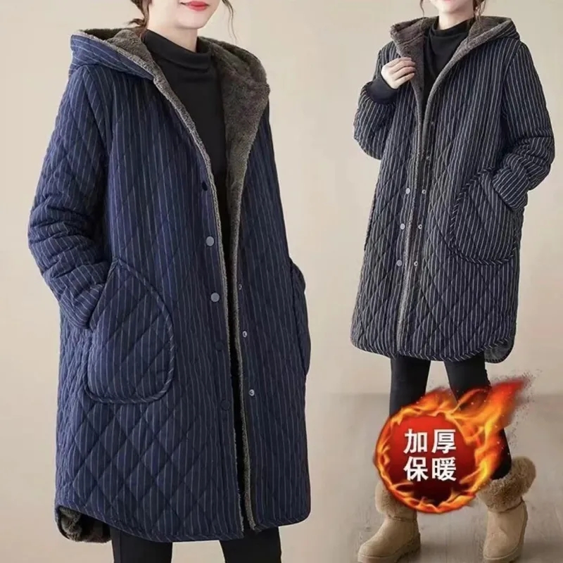 2025 Autumn Winter New Striped Cotton Jacket Women Warm Plush Thicken Hooded Coat Fashion Loose Female Casual Long Overcoat
