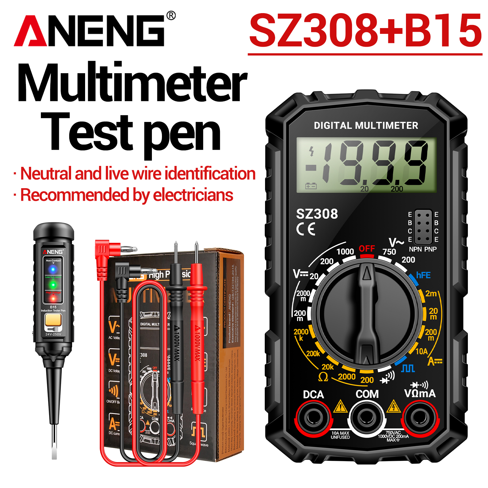 Multímetro ANENG SZ308, Detector de Voltaje B15, 1999 Lecturas, 1000V AC/DC, 10A, Diodo, Continuidad, Indicador LED, Kit de Prueba para Electricistas