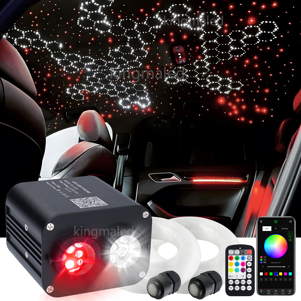 20W RGBW ダブルヘッド車星空音楽制御車ルーフスター光ファイバースター天井キットスマートアプリトゥインクル光ファイバーライト