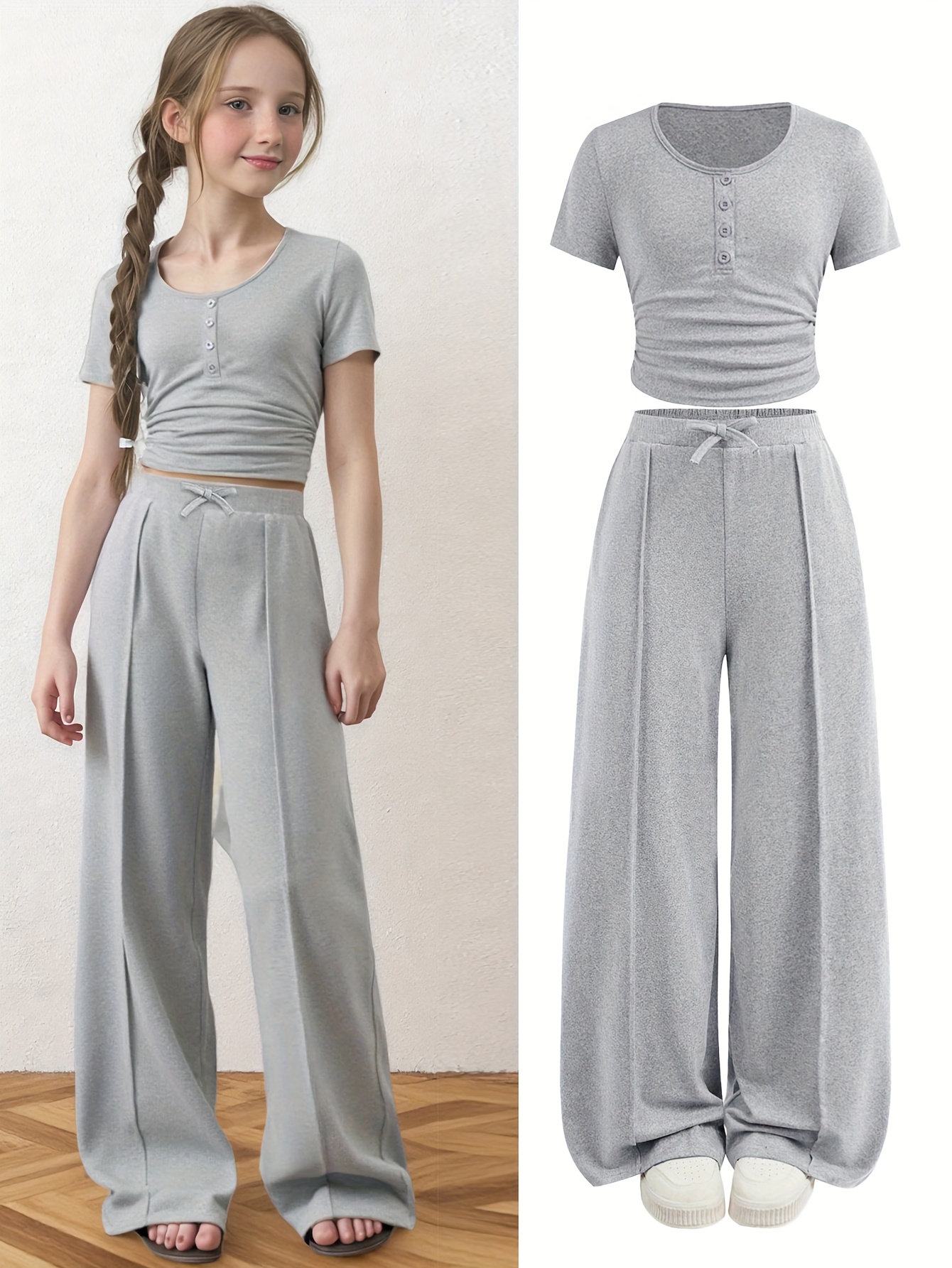 Conjunto casual de manga curta para meninas: roupa de verão para meninas, camiseta casual de cor sólida com gola redonda e botões decorativos e calças retas soltas, conjunto de 2 peças adequado para meninas de 5 a 13 anos, roupa de cor sólida cinza