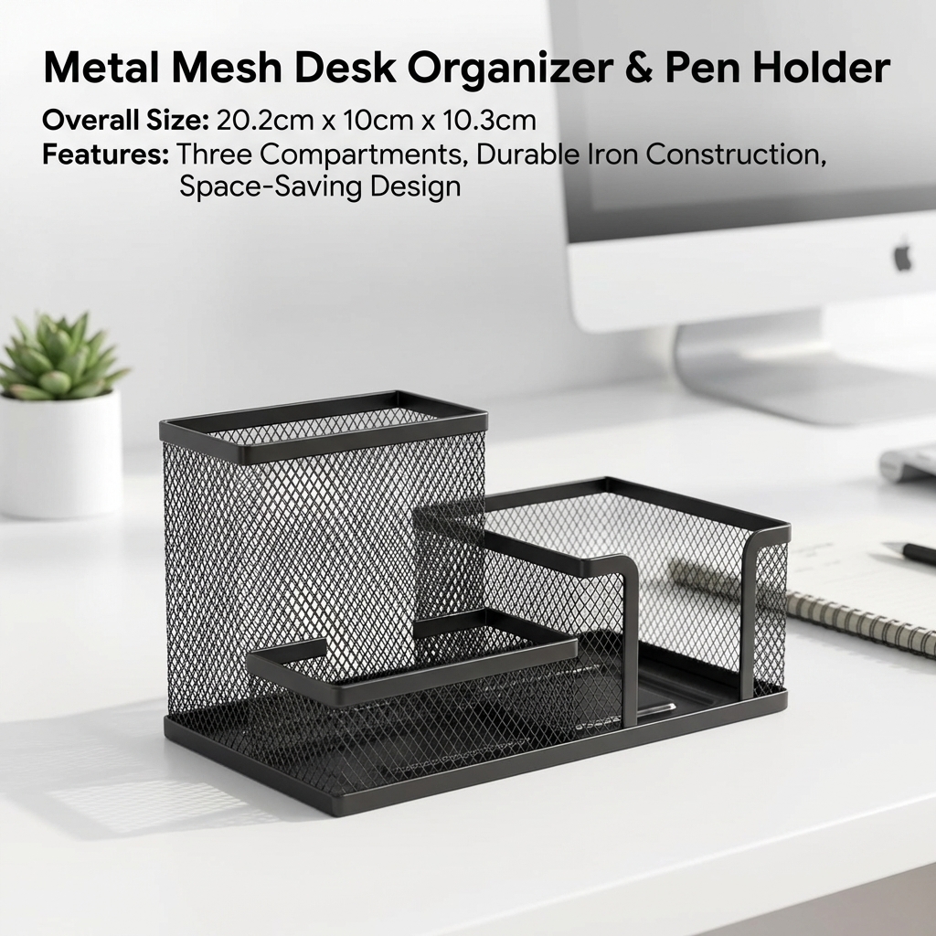 Black Mesh Desk Organizer with Pencil Holder And Storage Baskets 3 Compartments Office Supplies Caddy for Desktop Accessories