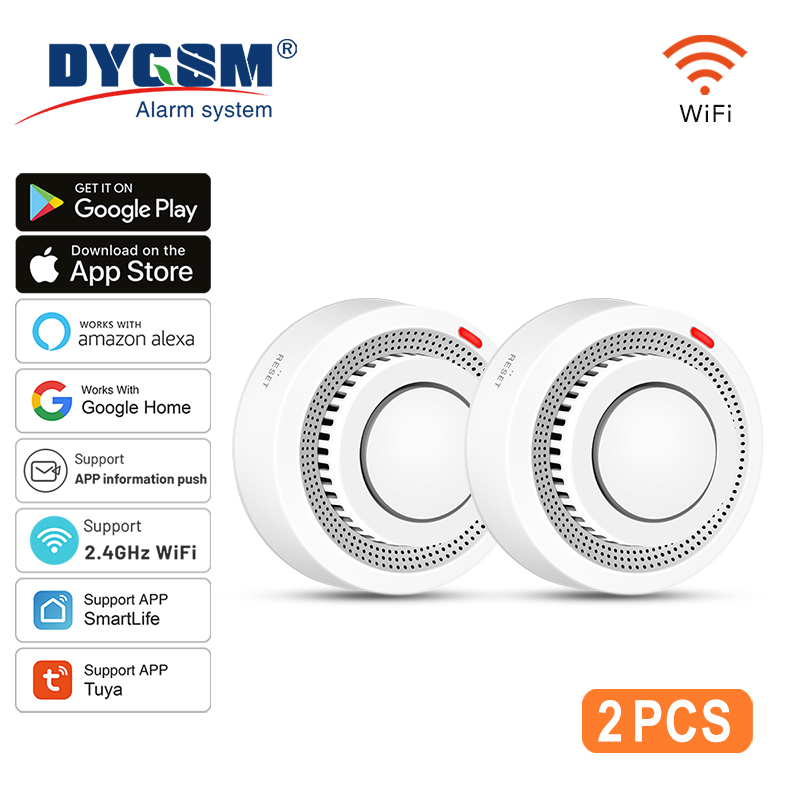 Paquete de 2 detectores de humo WiFi inteligentes Tuya con alertas de aplicación en tiempo Real alarma de Sensor de incendio inalámbrico sonido de 85dB para hogar/oficina