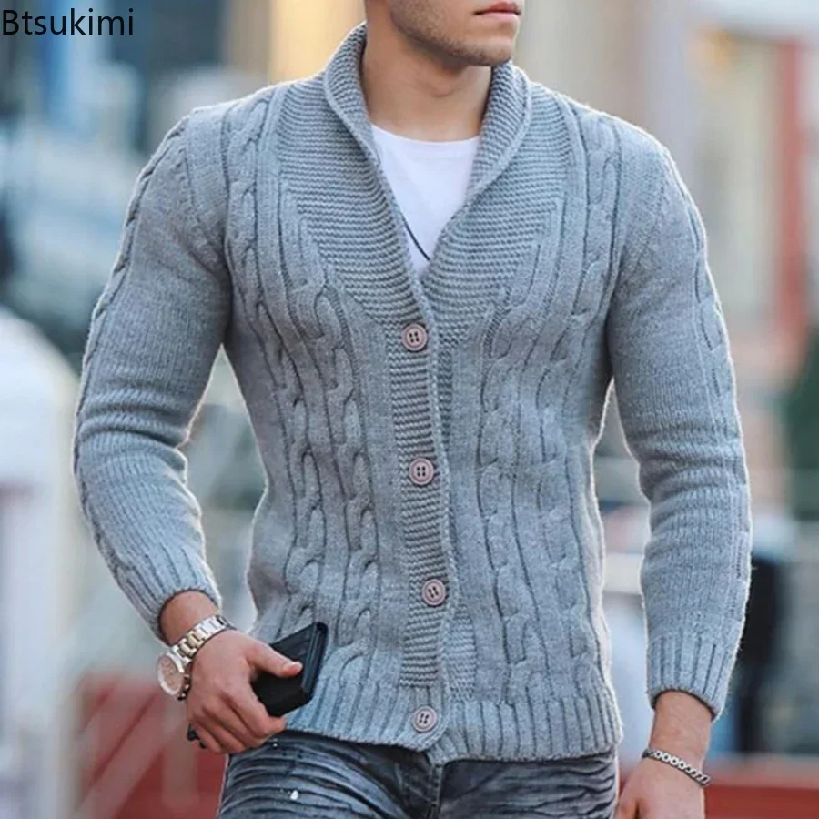 Herbst Winter männer Warme Gestrickte Pullover Solide einreiher Twisted Textur Strickjacke Revers Schlank Zugeknöpft Dicken Pullover Männlich