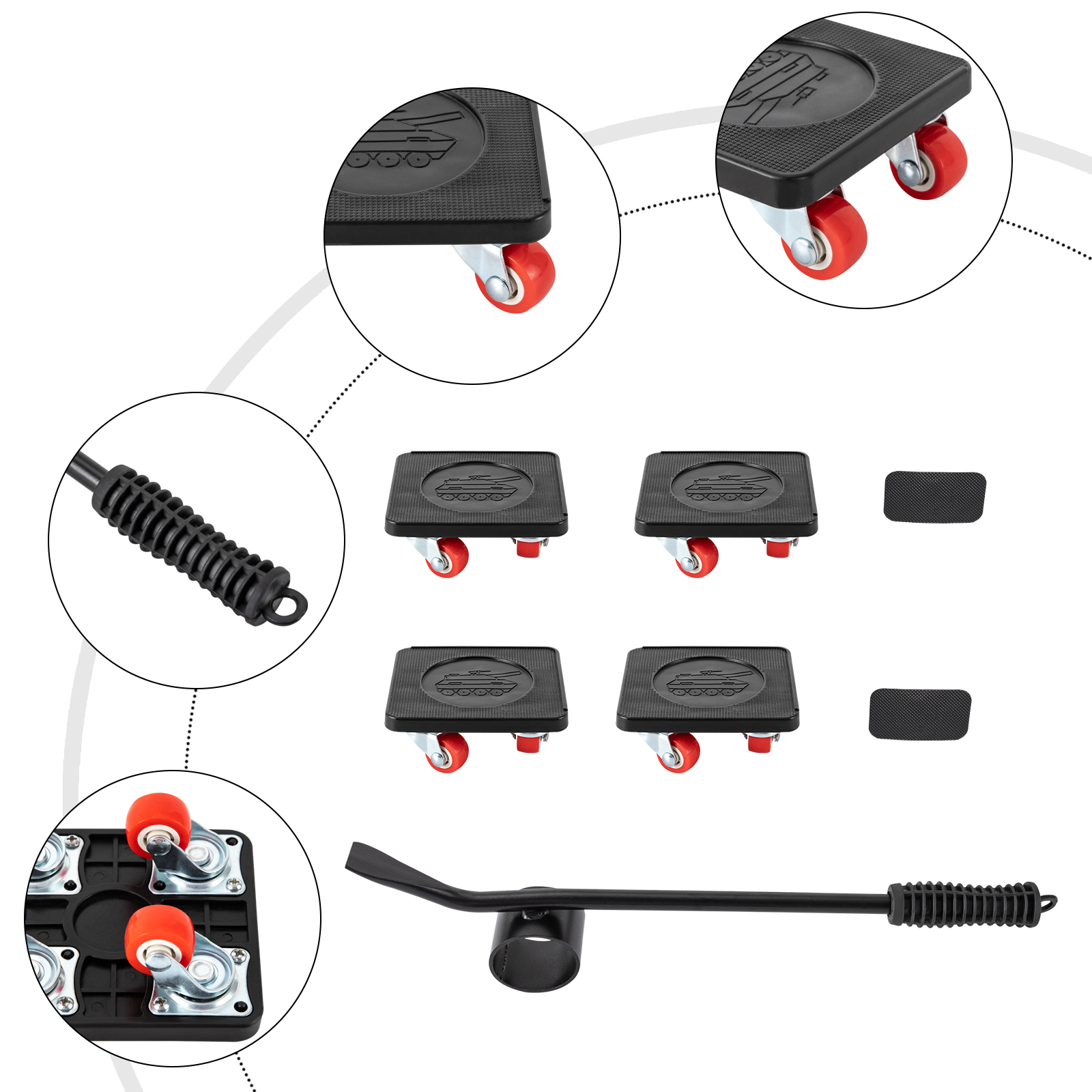 Conjunto de rolos de transporte de móveis, rolos de móveis com 4 peças, controles deslizantes de movimento, ferramentas de mudança pesada, máximo para 400kg, rotação de 360 graus