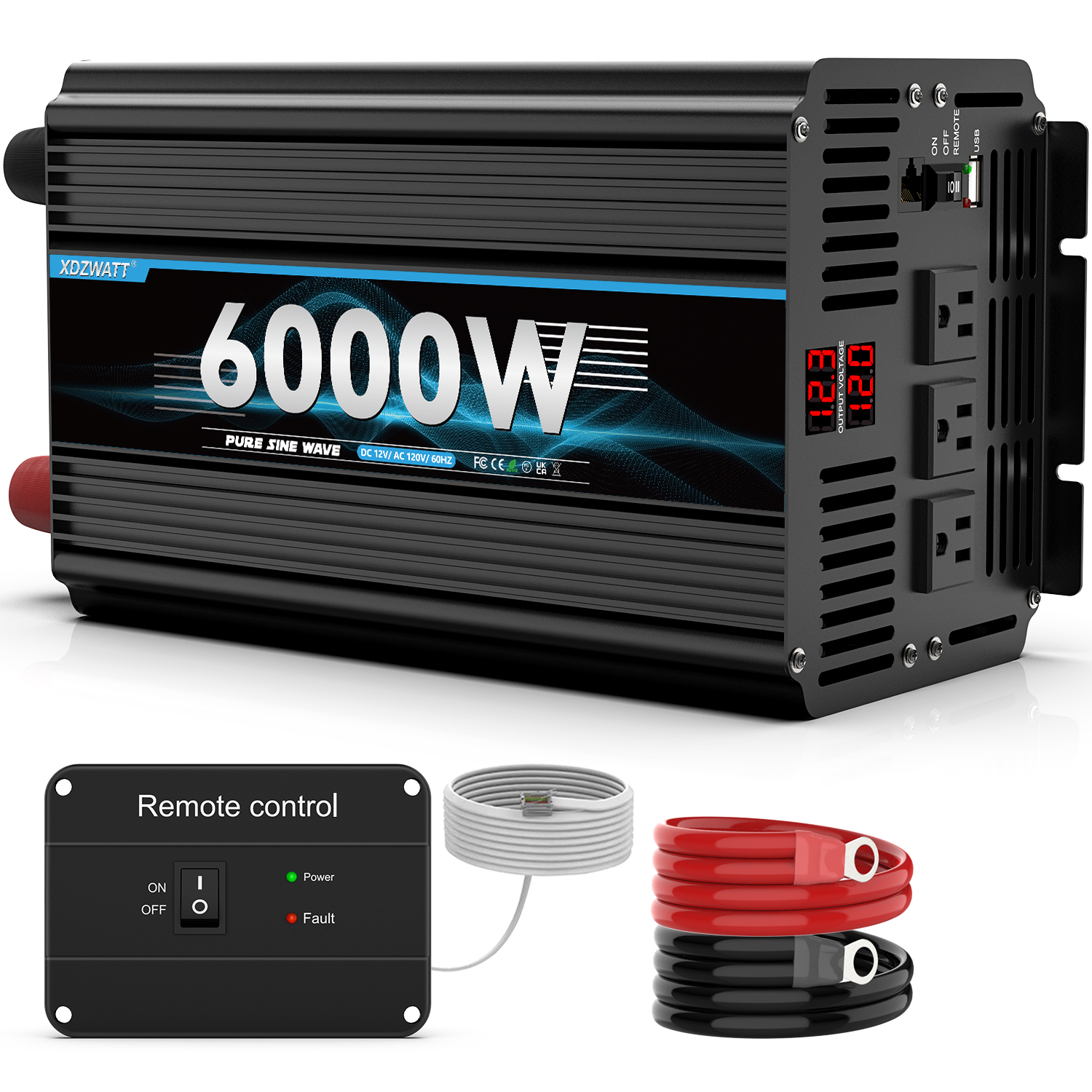 Piekvermogen 6000W omvormer 3000W DC 12V naar AC 110V 120V met afstandsbediening, 2AC-uitgangen en 2,4A USB-poort LCD-scherm