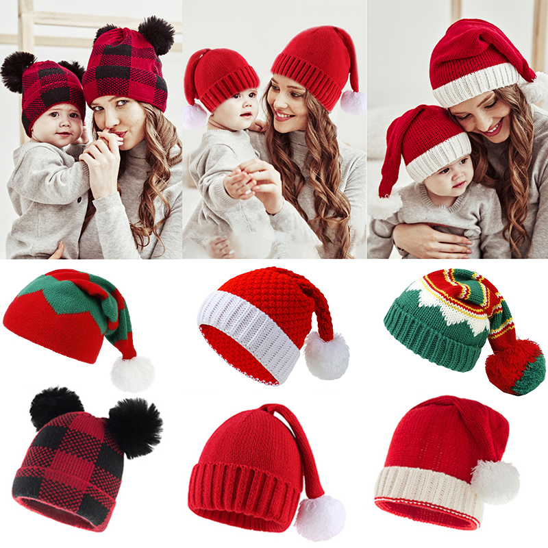 Pai-filho chapéu de natal grande pompom mãe crianças gorro de malha inverno quente infantil bonnet meninas menino presente de natal acessórios do bebê