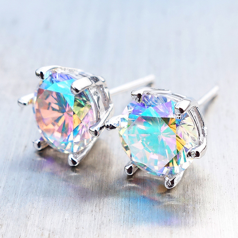 Klassieke zes klauw ronde stenen oorbel regenboogkristal veelkleurige zirkoon oorbellen voor vrouwen trendy zilveren kleur feestsieraden