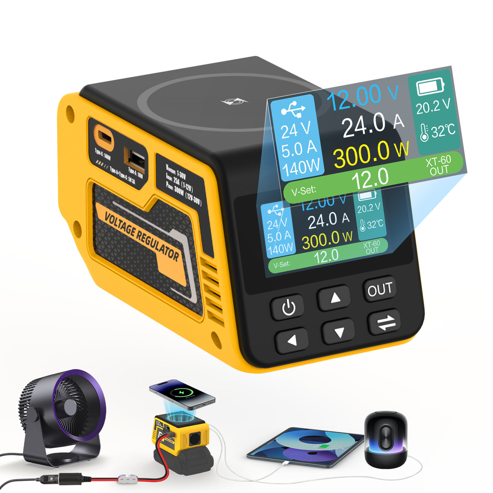 Kzreect 300W Spannungsregler mit Kabelloser Ladefunktion & 100W Typ-C Kompatibel mit Dewalt 20V Akku Camping-Zubehör